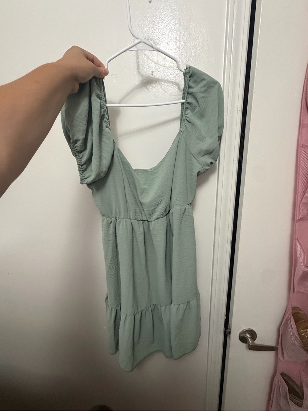 Altar'd State Sage Puff Sleeve Tiered Mini Dress